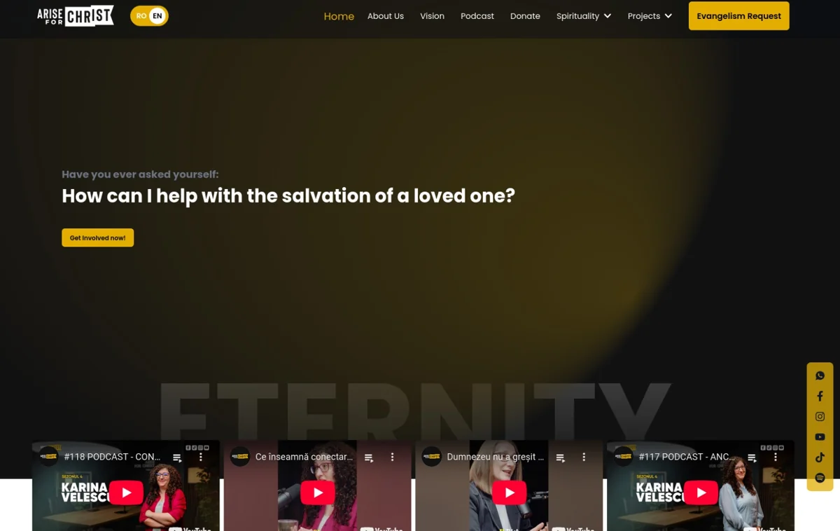 Pagina principală Arise for Christ, cu navigație bilingvă și secțiune de podcasturi