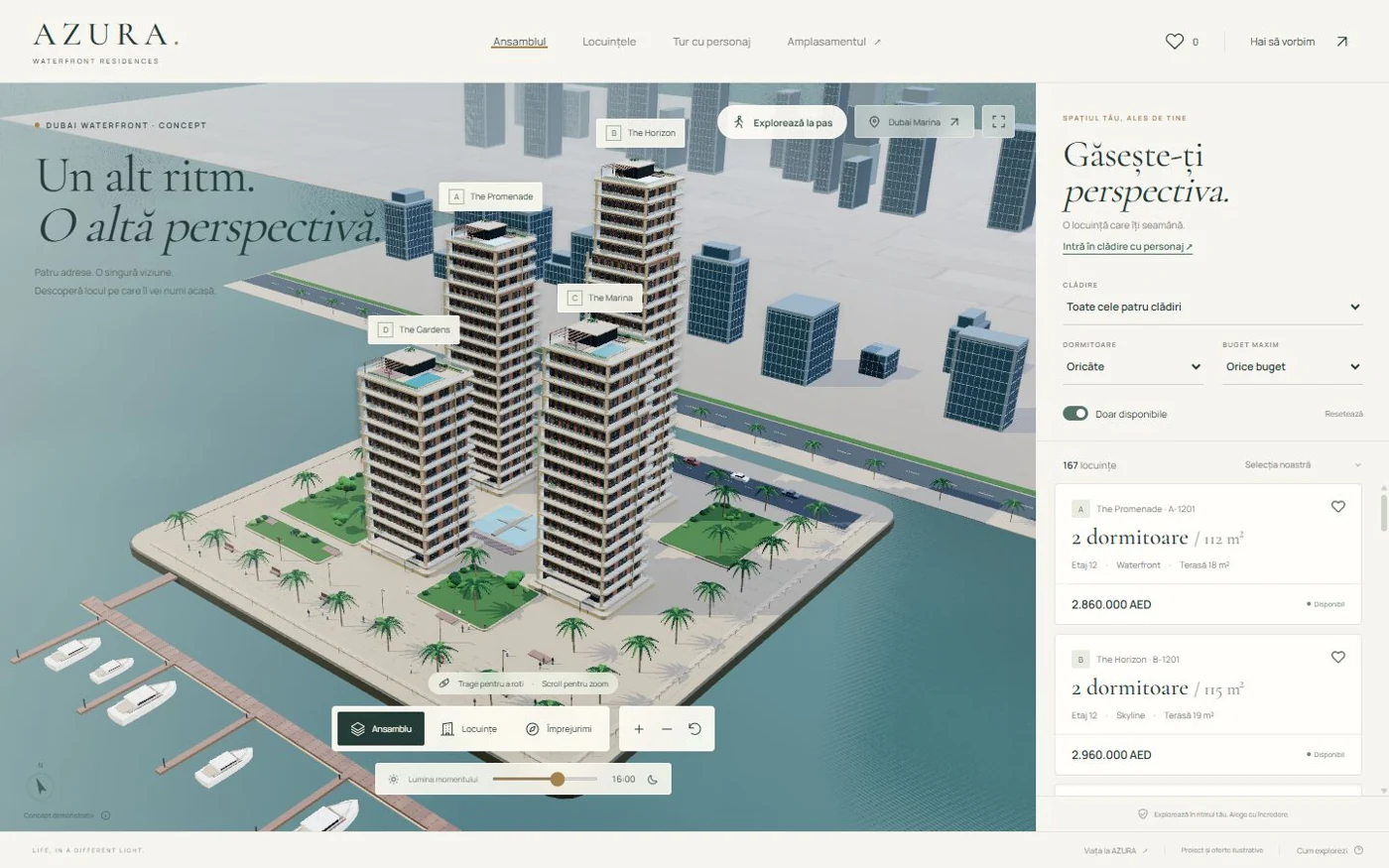Demo AZURA Waterfront: ansamblu rezidențial cu patru turnuri într-o scenă 3D interactivă