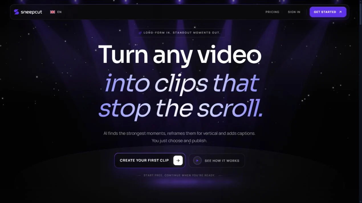 Pagina publică Sneep Cut: platformă AI pentru transformarea videoclipurilor în clipuri scurte